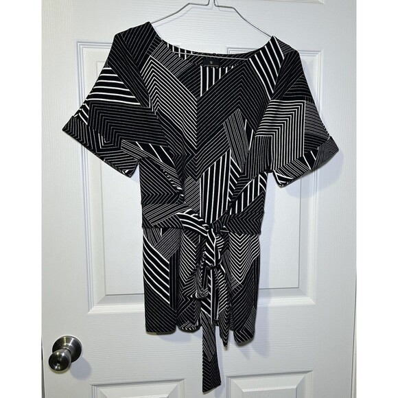 Worthington’s Women’s Short Sleeve Tie Waist Blouse Black/White Size Large NWOT - Picture 1 of 6